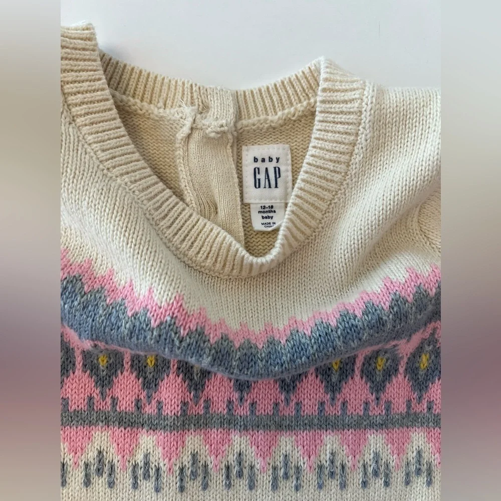 Baby GAP Fair Isle Knitted Sweater Dress Cream & Pink Patterned Size 12-18 Month